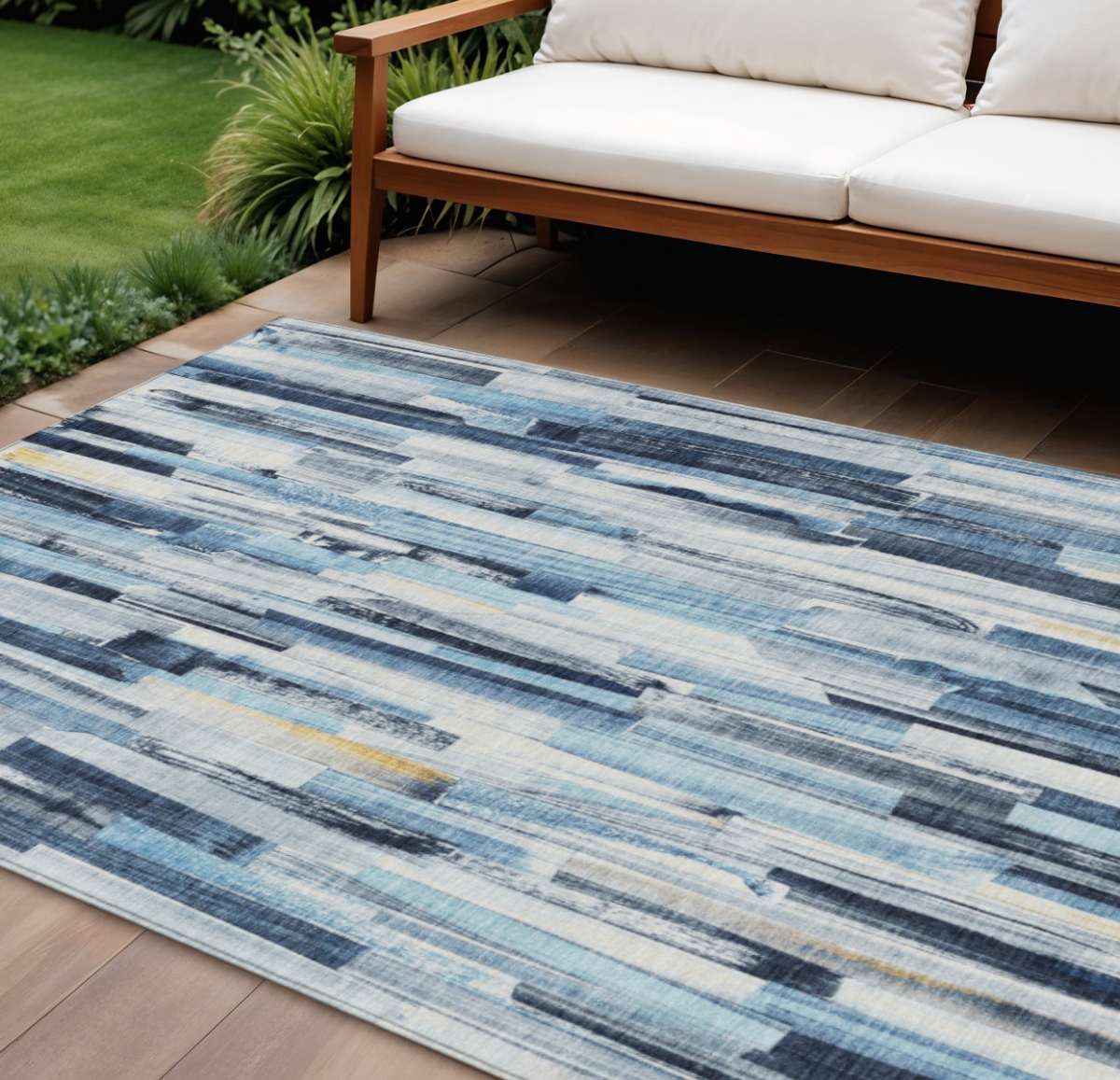 640602 9 x 12 ft. Denim Blue & Ivory Striped Washable Transitional Indoor & Outdoor Rectangle Area Rug