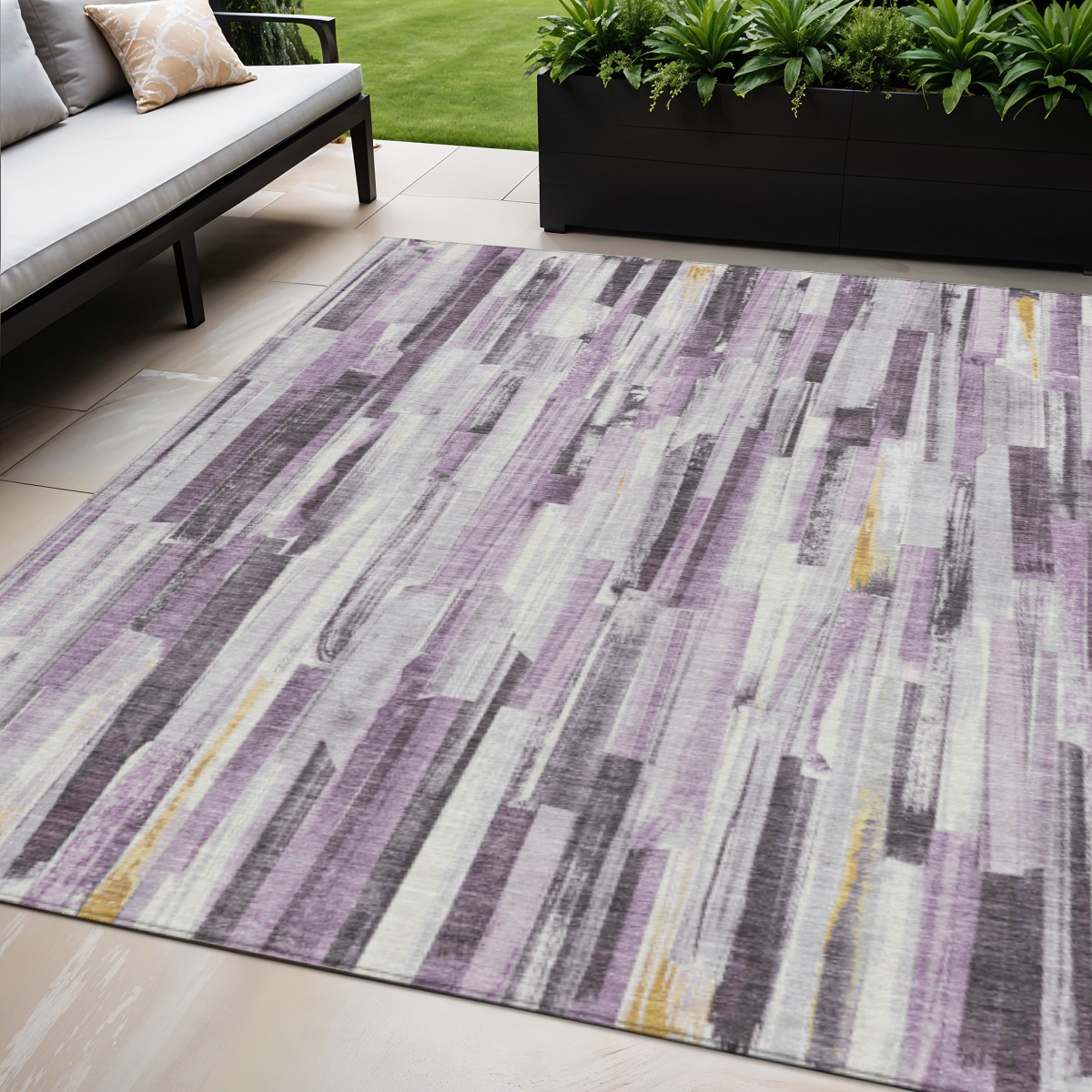 640611 5 x 8 ft. Lavender & Ivory Striped Washable Transitional Indoor & Outdoor Rectangle Area Rug