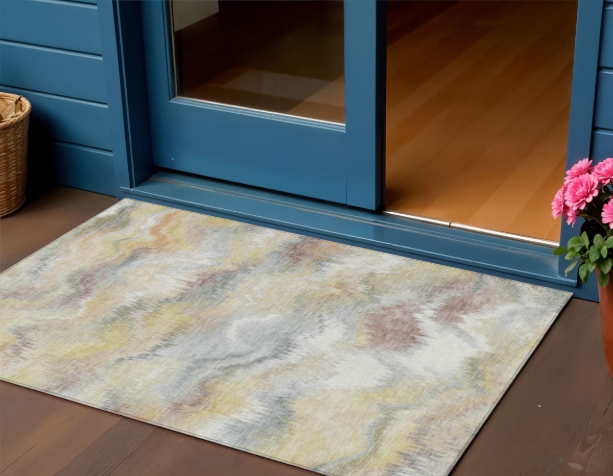 640750 3 x 5 ft. Beige & Ivory Abstract Washable Transitional Indoor & Outdoor Rectangle Area Rug