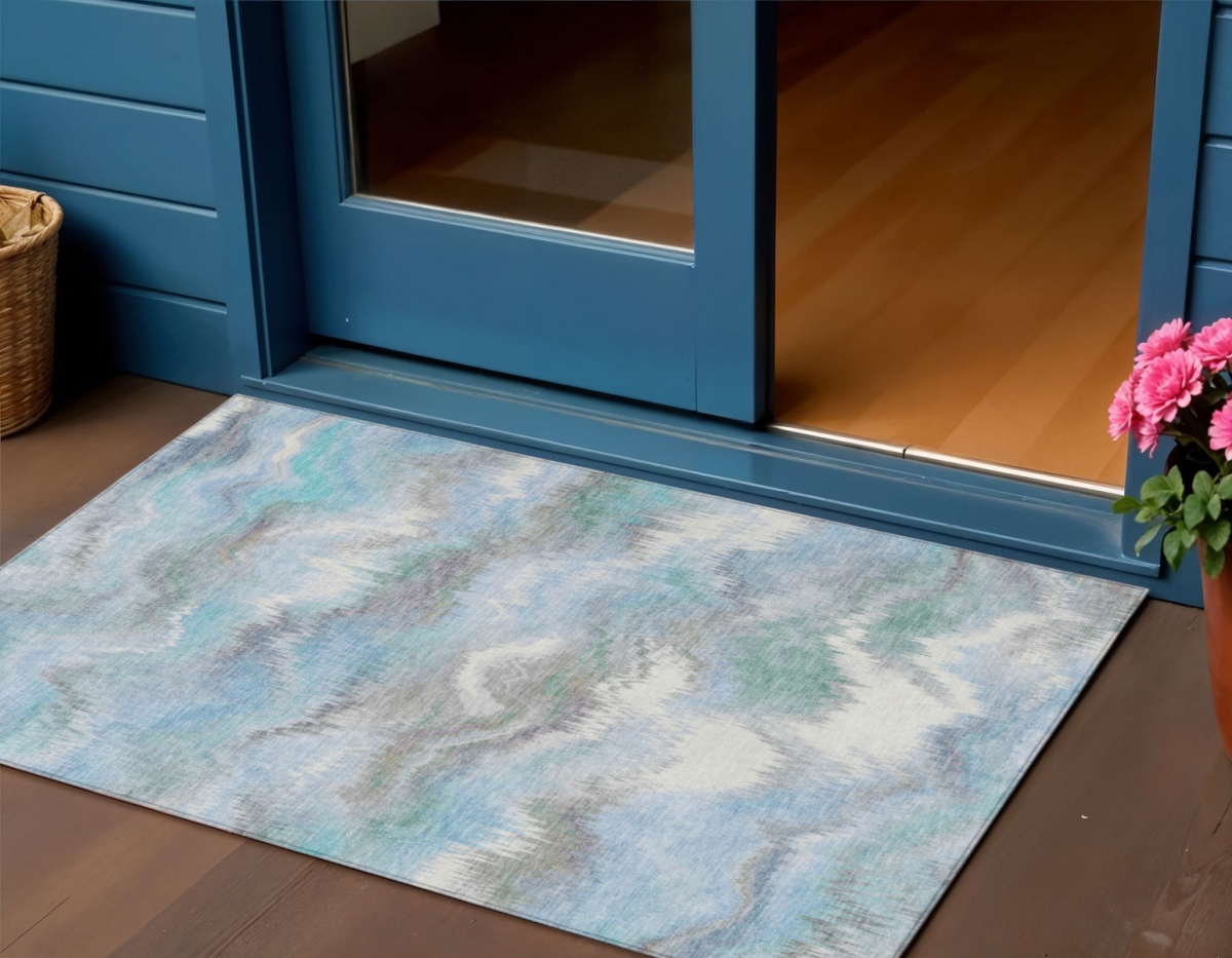 640762 3 x 5 ft. Denim Blue & Ivory Abstract Washable Transitional Indoor & Outdoor Rectangle Area Rug