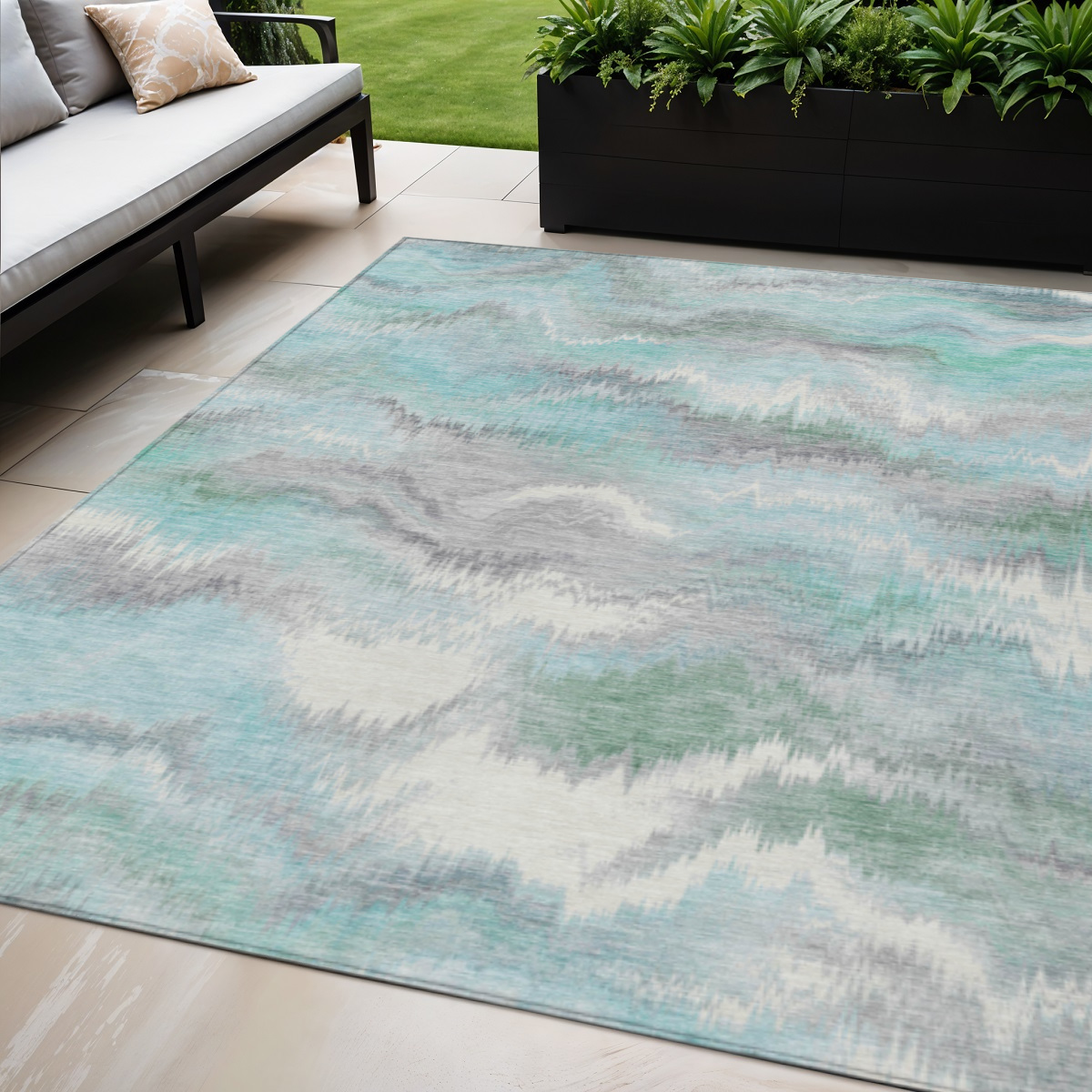 640775 5 x 8 ft. Teal, Blue & Ivory Abstract Washable Transitional Indoor & Outdoor Rectangle Area Rug