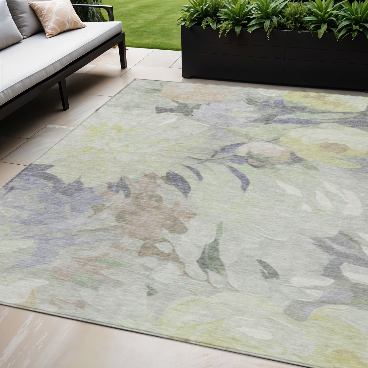 641165 5 x 8 ft. Mint Green, Ivory & Beige Floral Washable Transitional Indoor & Outdoor Rectangle Area Rug