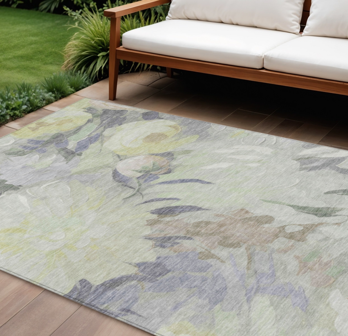 641168 9 x 12 ft. Mint Green, Ivory & Beige Floral Washable Transitional Indoor & Outdoor Rectangle Area Rug