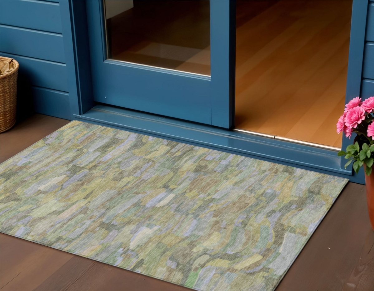 641218 3 x 5 ft. Artichoke Green & Taupe Striped Washable Transitional Indoor & Outdoor Rectangle Area Rug