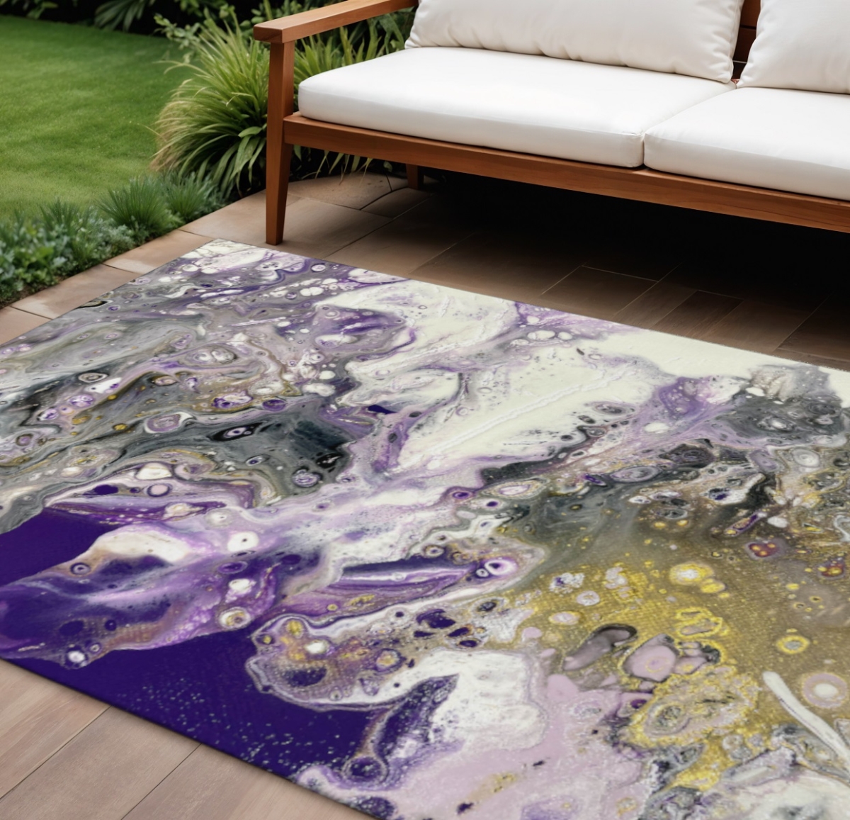643390 10 x 14 ft. Amethyst Ivory & Gold Abstract Washable Contemporary Indoor & Outdoor Rectangle Area Rug