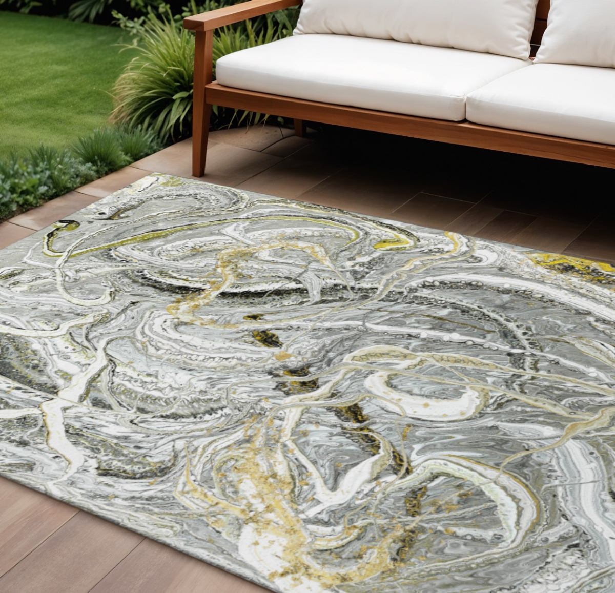 643514 8 x 10 ft. Slate Gray & Gold Abstract Washable Contemporary Indoor & Outdoor Rectangle Area Rug