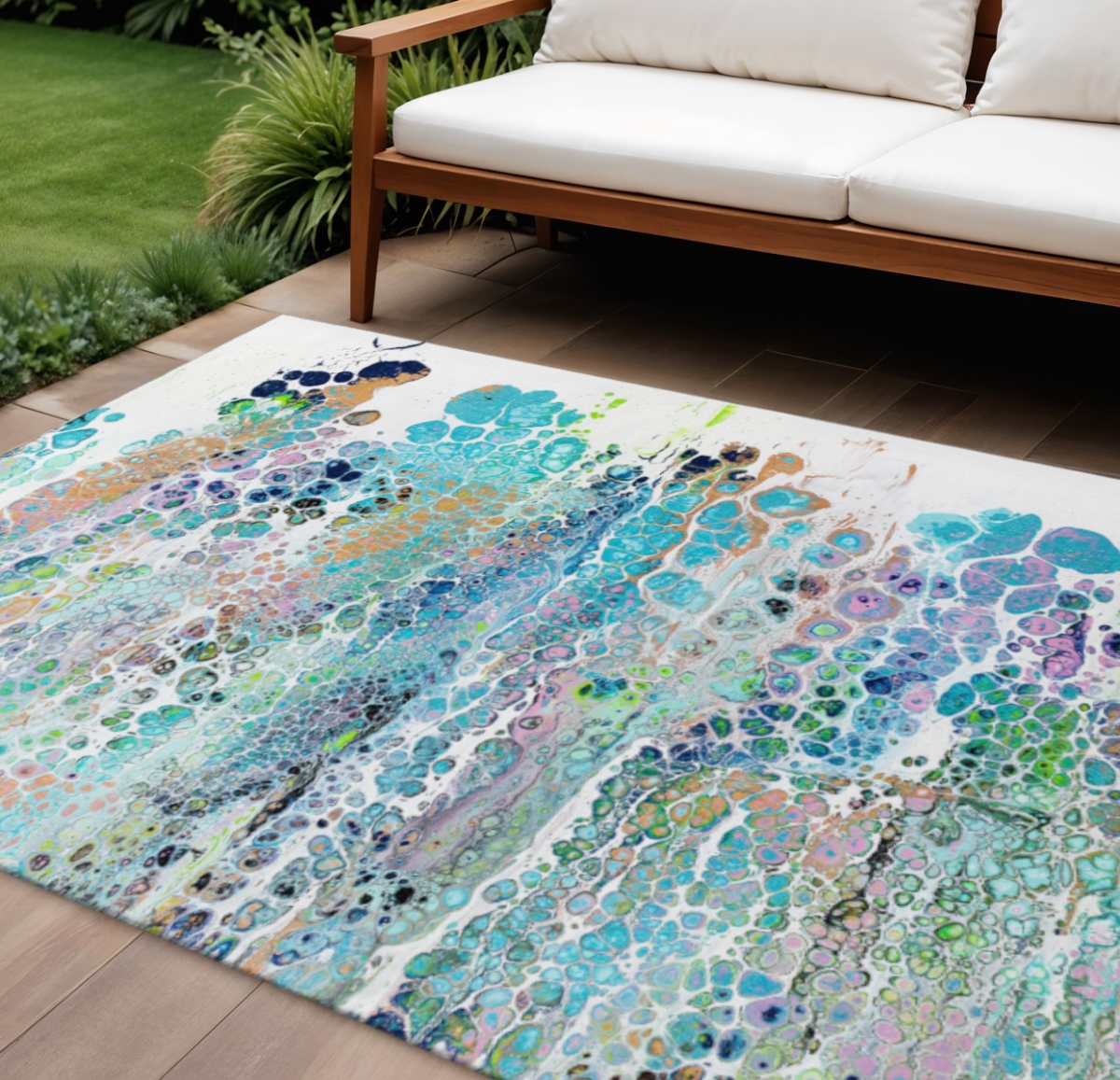 643564 10 x 14 ft. Teal Blue, Ivory & Gold Abstract Washable Contemporary Indoor & Outdoor Rectangle Area Rug