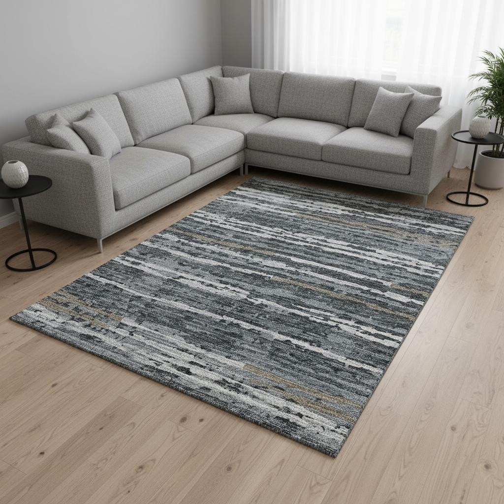 644053 10 x 14 ft. Graphite & Ivory Striped Washable Machine Made Rectangle Area Rug with UV Protection