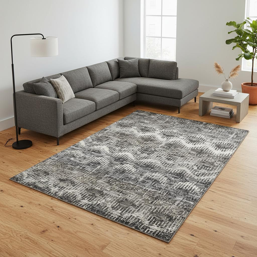 644167 9 x 12 ft. Graphite Ivory & Beige Abstract Washable Machine Made Rectangle Area Rug with UV Protection