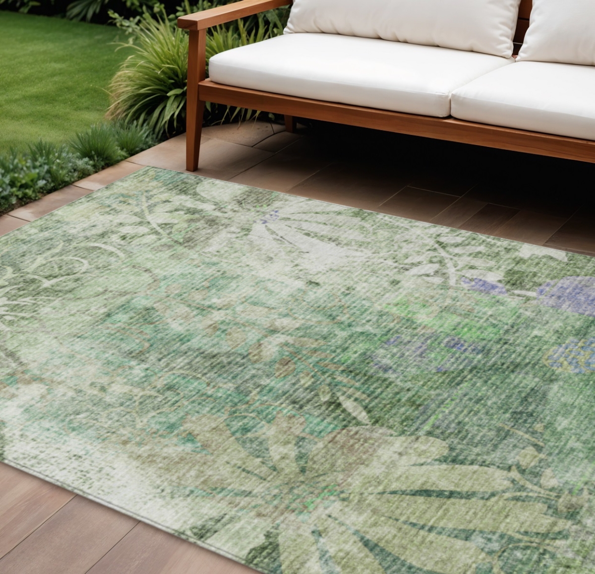 639273 9 x 12 ft. Teal, Blue & Ivory Floral Washable Transitional Indoor & Outdoor Rectangle Area Rug