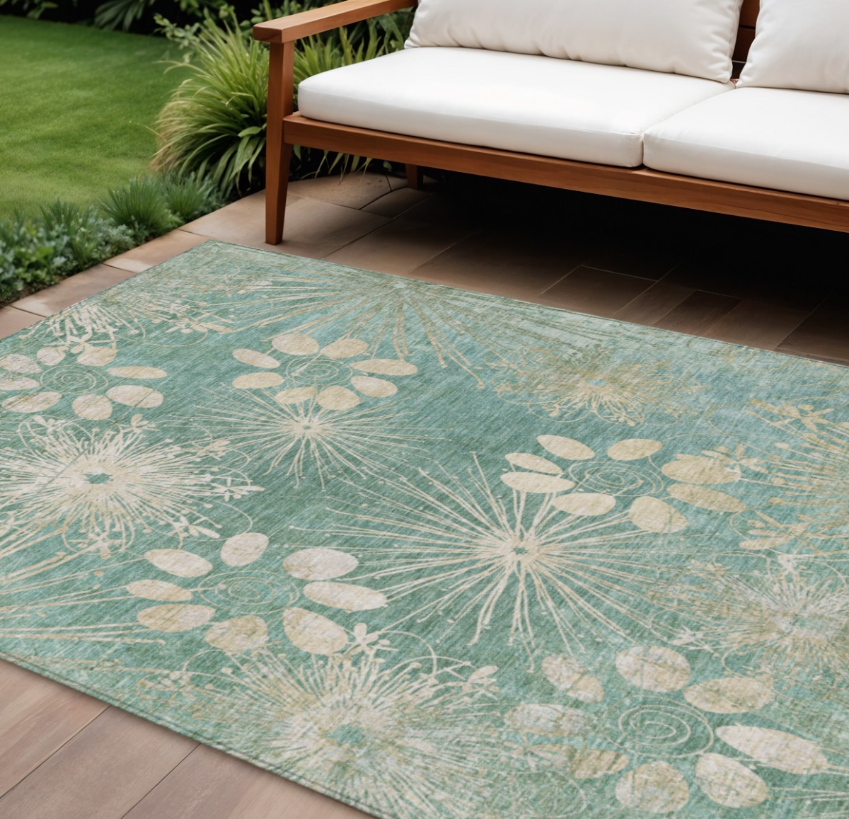 639357 9 x 12 ft. Teal, Blue & Beige Floral Washable Transitional Indoor & Outdoor Rectangle Area Rug