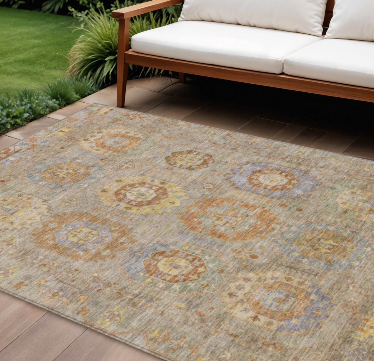 639440 8 x 10 ft. Taupe Gold & Lavender Medallion Washable Traditional Indoor & Outdoor Rectangle Area Rug