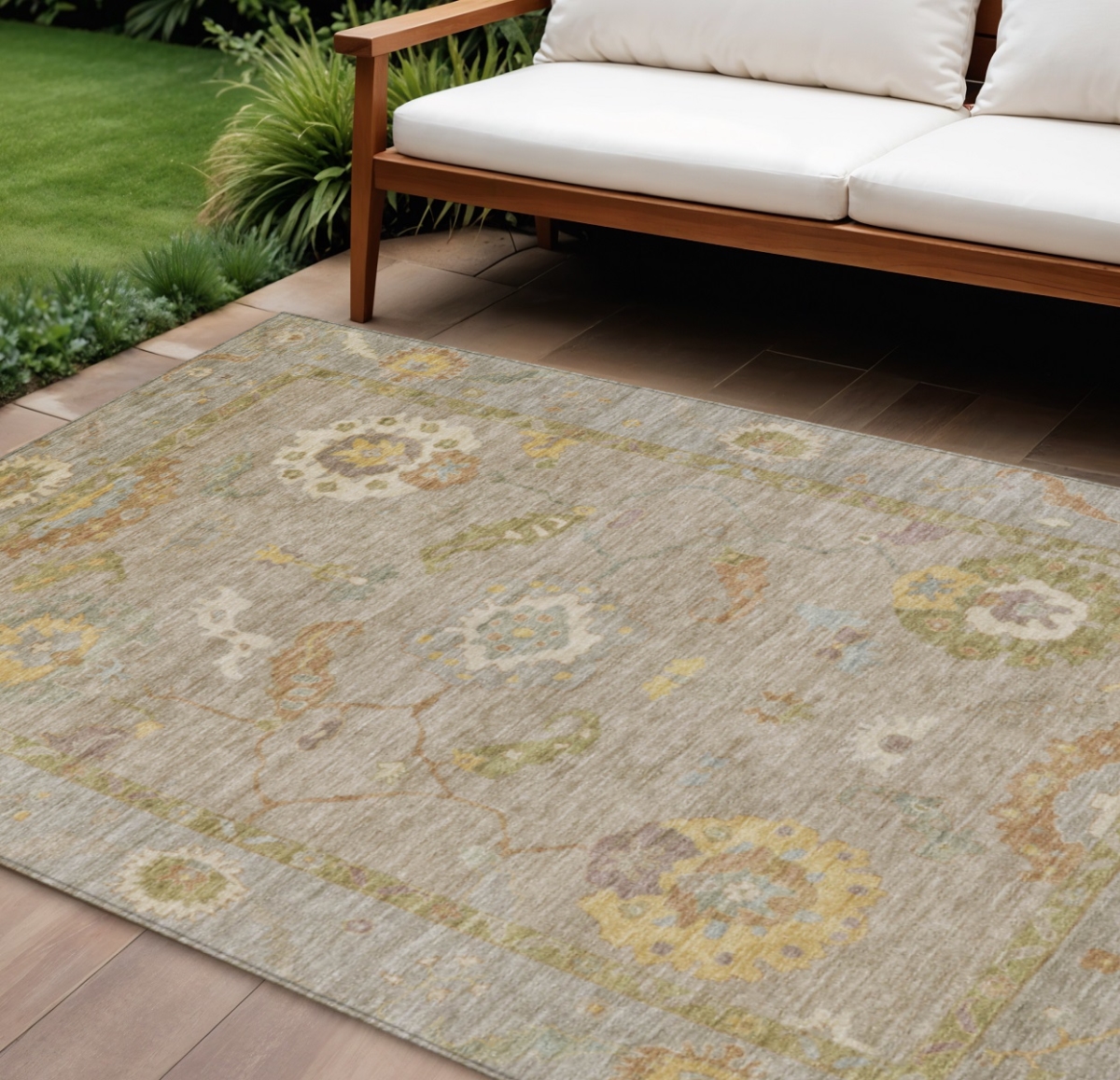 639478 10 x 14 ft. Khaki & Gold Floral Medallion Washable Traditional Indoor & Outdoor Rectangle Area Rug