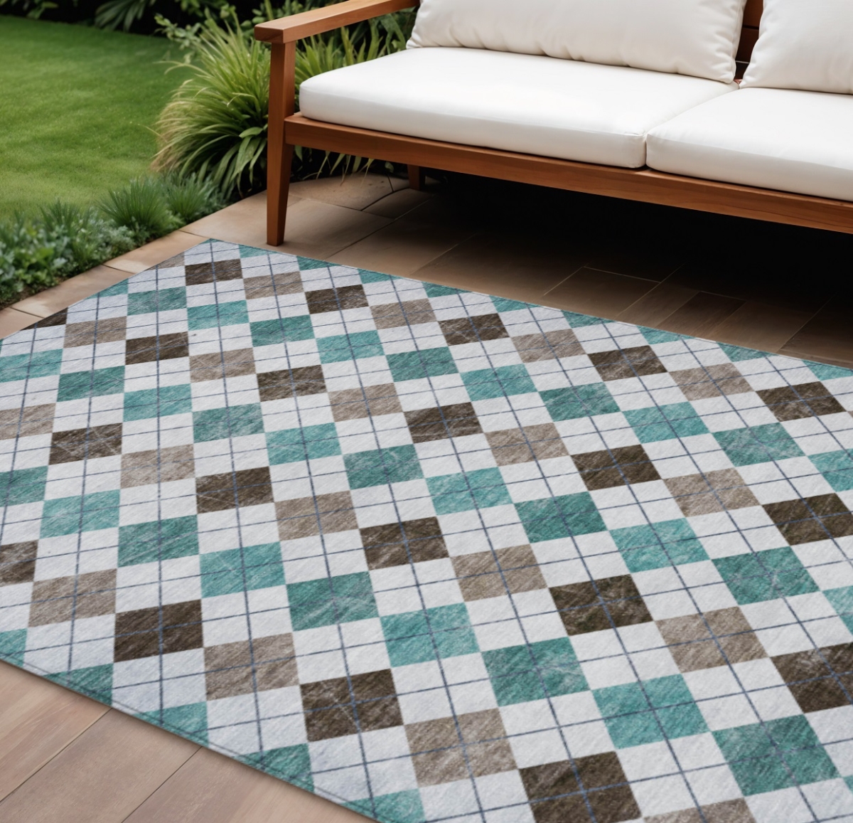 639808 10 x 14 ft. Teal Blue Taupe & Ivory Geometric Washable Transitional Indoor & Outdoor Rectangle Area Rug