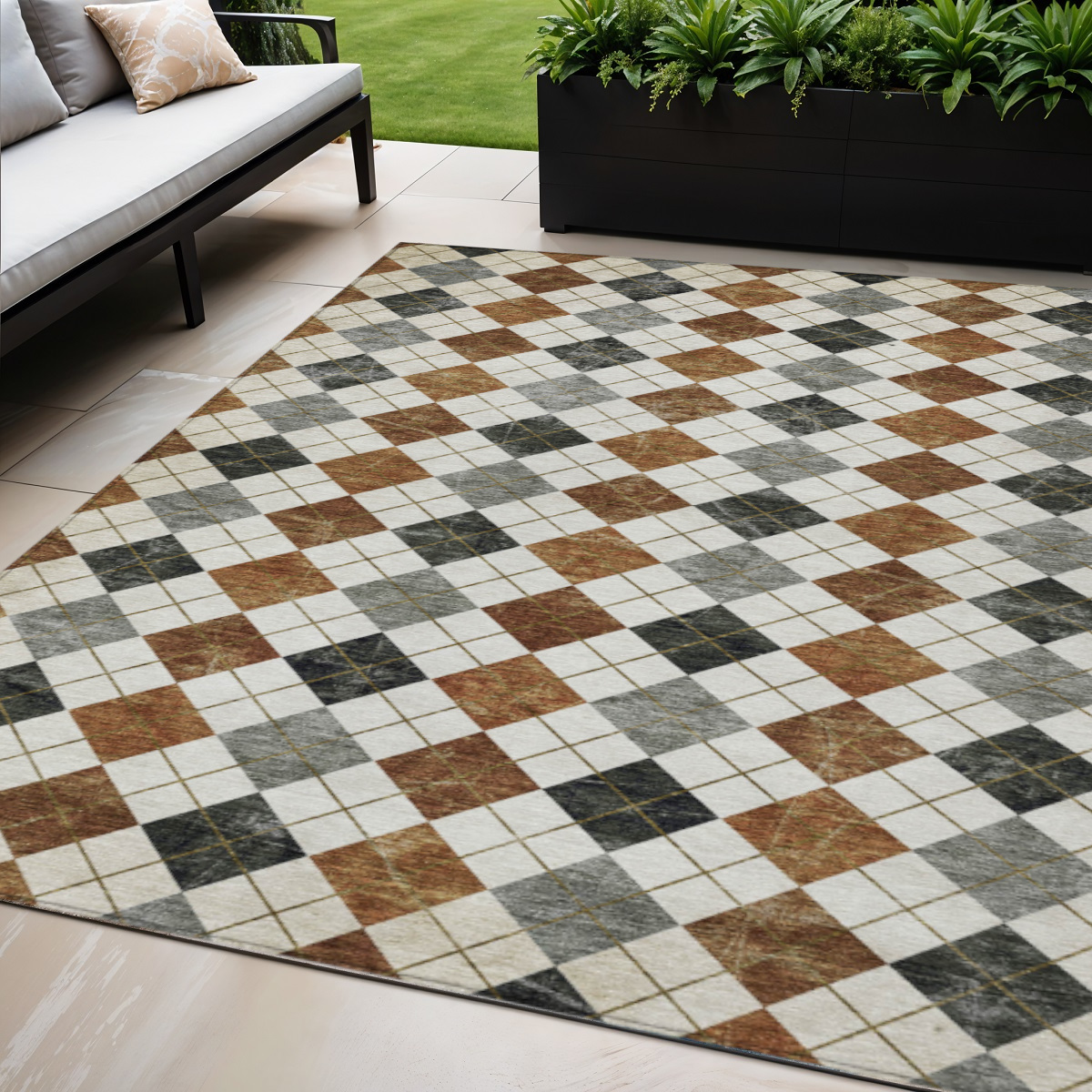 639810 5 x 8 ft. Terra Cotta Ivory & Gray Geometric Washable Transitional Indoor & Outdoor Rectangle Area Rug