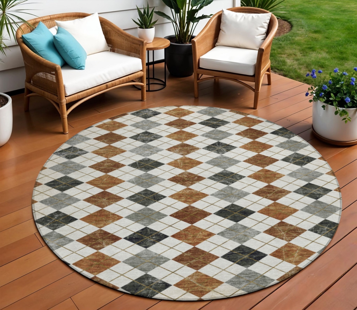 639811 8 ft. Terra Cotta Ivory & Gray Geometric Washable Transitional Indoor & Outdoor Round Area Rug