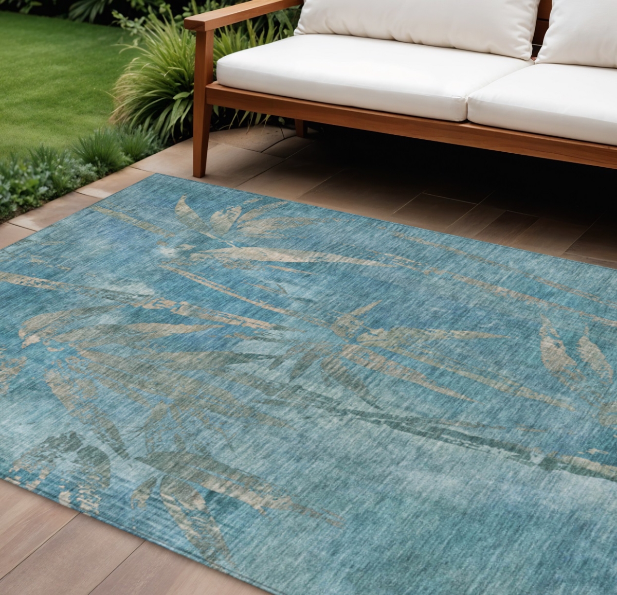 639237 9 x 12 ft. Pale Aqua & Beige Botanical Leaves Washable Transitional Indoor & Outdoor Rectangle Area Rug
