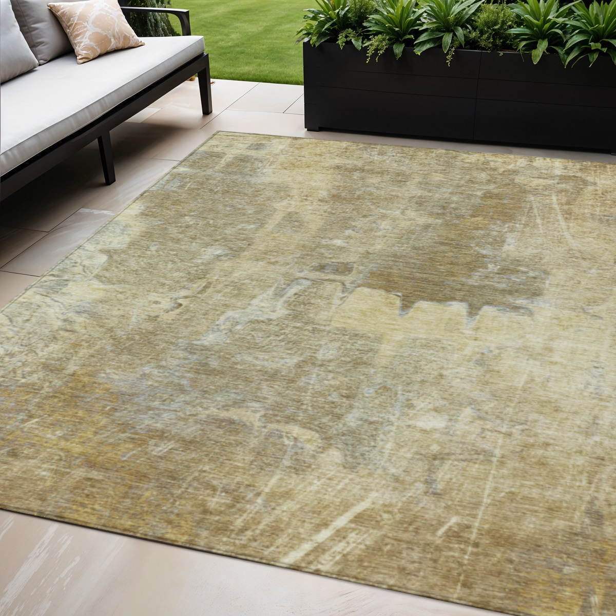 639372 5 x 8 ft. Khaki & Beige Abstract Washable Transitional Indoor & Outdoor Rectangle Area Rug