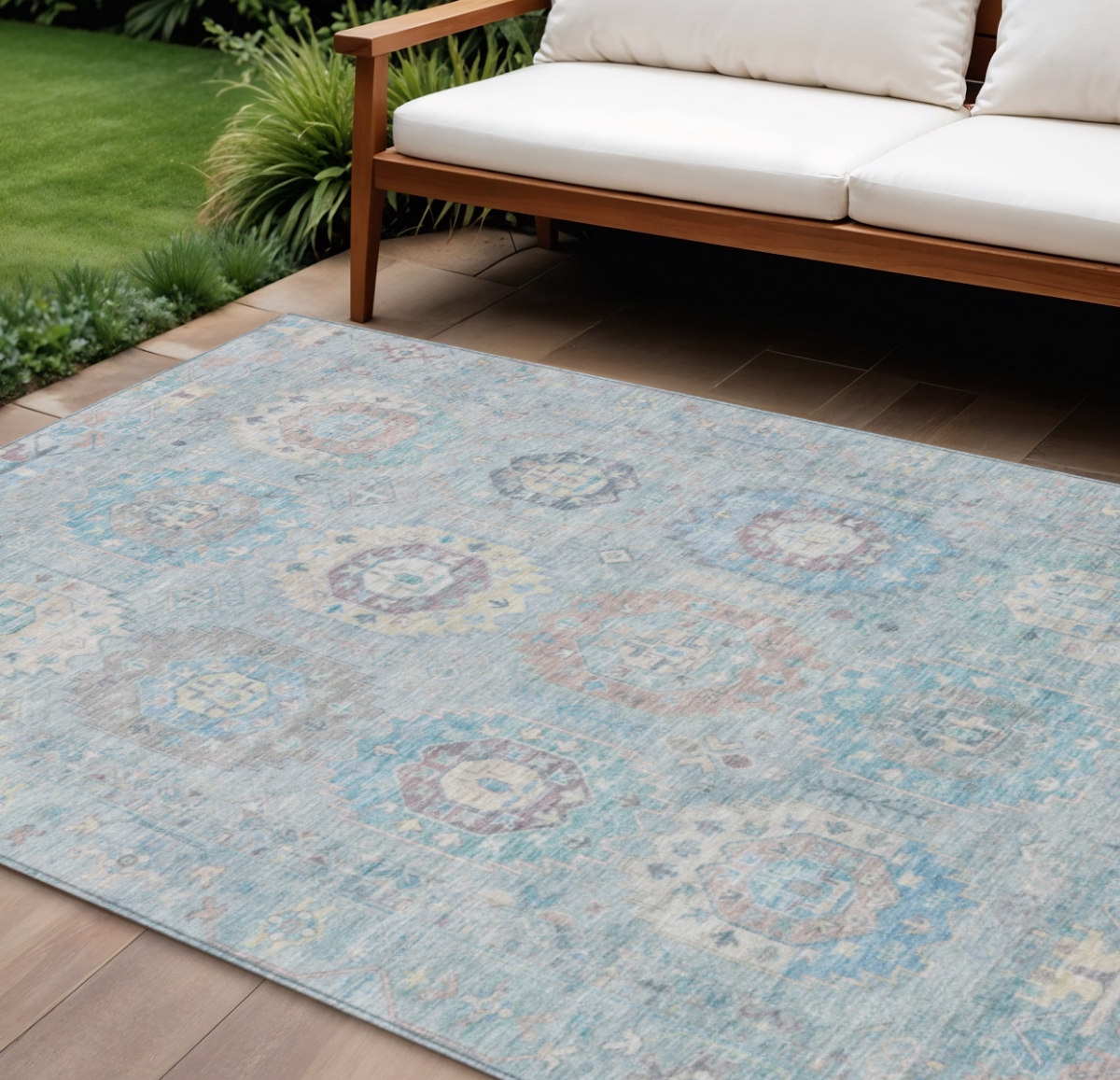 639429 9 x 12 ft. Sky Blue Beige & Blush Medallion Washable Traditional Indoor & Outdoor Rectangle Area Rug