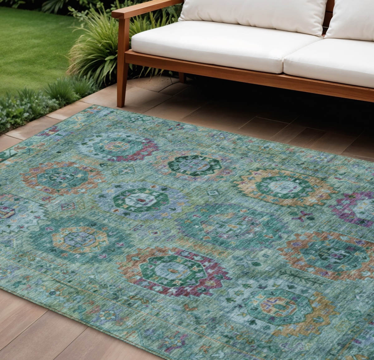 639465 9 x 12 ft. Teal Blue Purple & Gold Medallion Washable Traditional Indoor & Outdoor Rectangle Area Rug