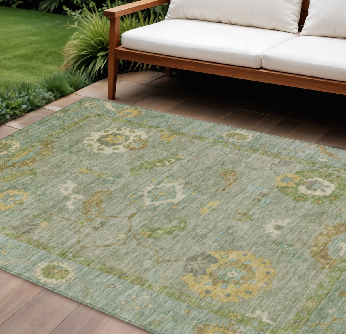 639502 10 x 14 ft. Sage & Gold Floral Medallion Washable Traditional Indoor & Outdoor Rectangle Area Rug