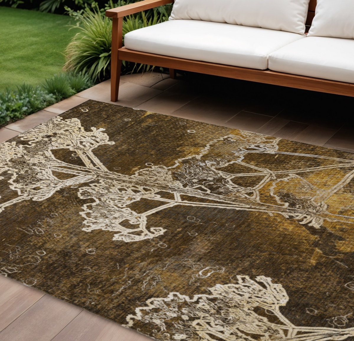 639837 9 x 12 ft. Chocolate & Beige Floral Washable Transitional Indoor & Outdoor Rectangle Area Rug