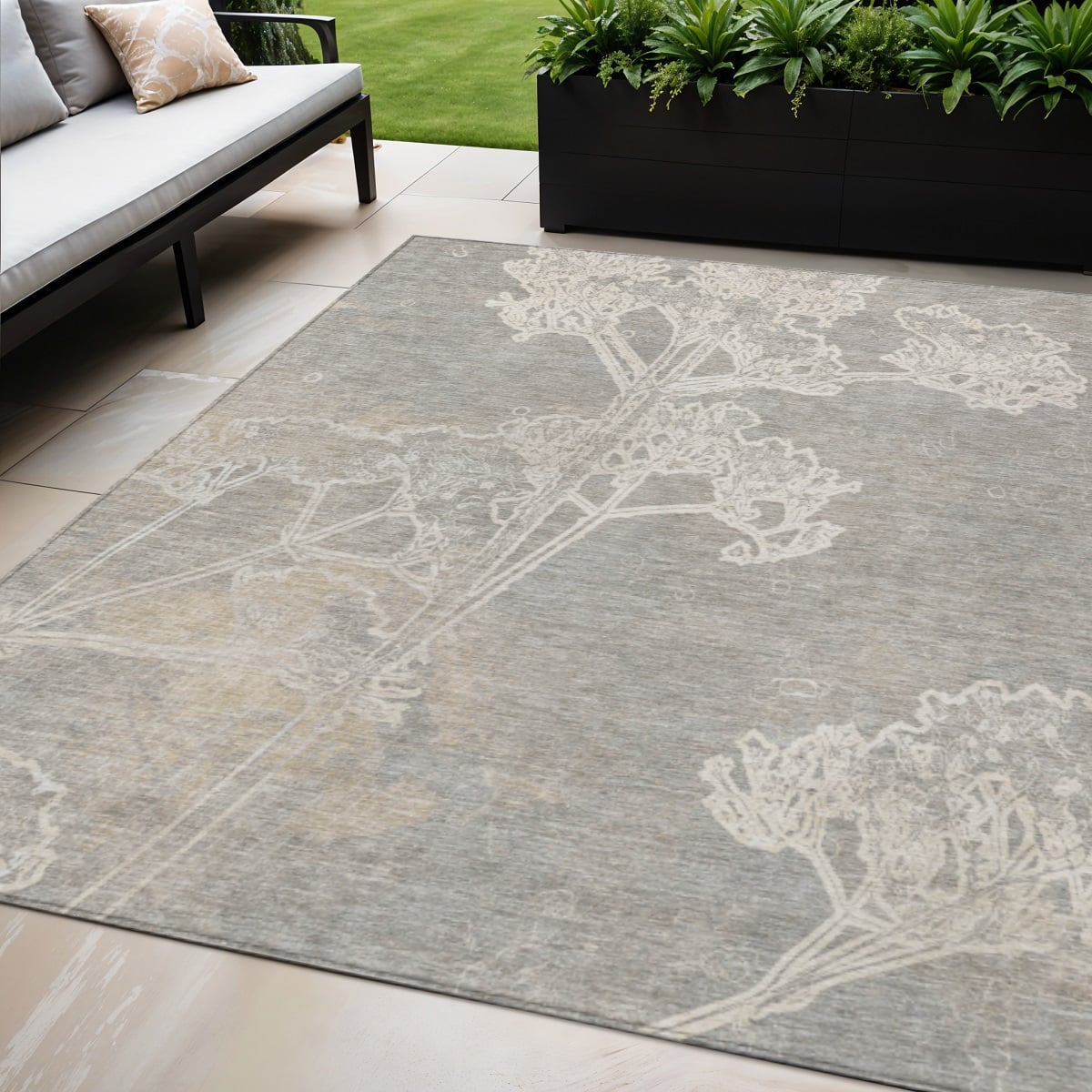 639864 5 x 8 ft. Silver & Gray Floral Washable Transitional Indoor & Outdoor Rectangle Area Rug