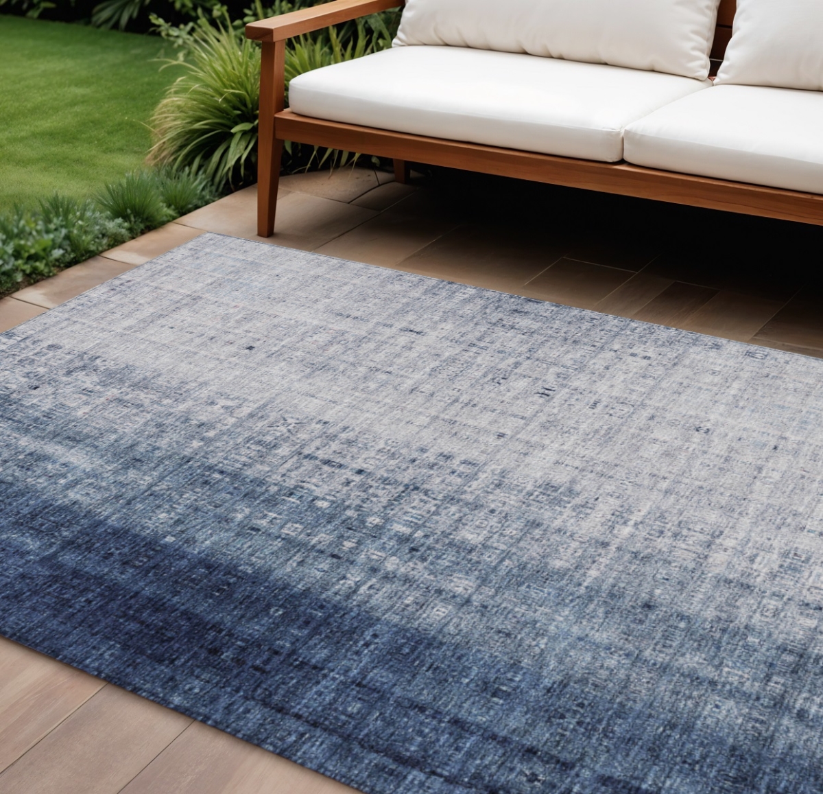 639892 10 x 14 ft. Blue & Ivory Striped Washable Transitional Indoor & Outdoor Rectangle Area Rug