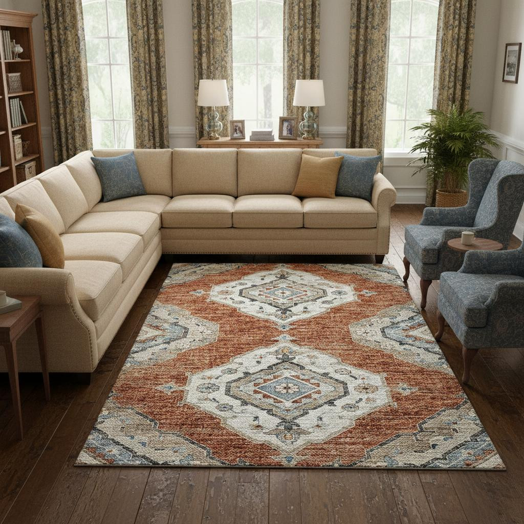 644186 10 x 14 ft. Terra Cotta Ivory & Blue Tribal Washable Machine Made Rectangle Area Rug with UV Protection