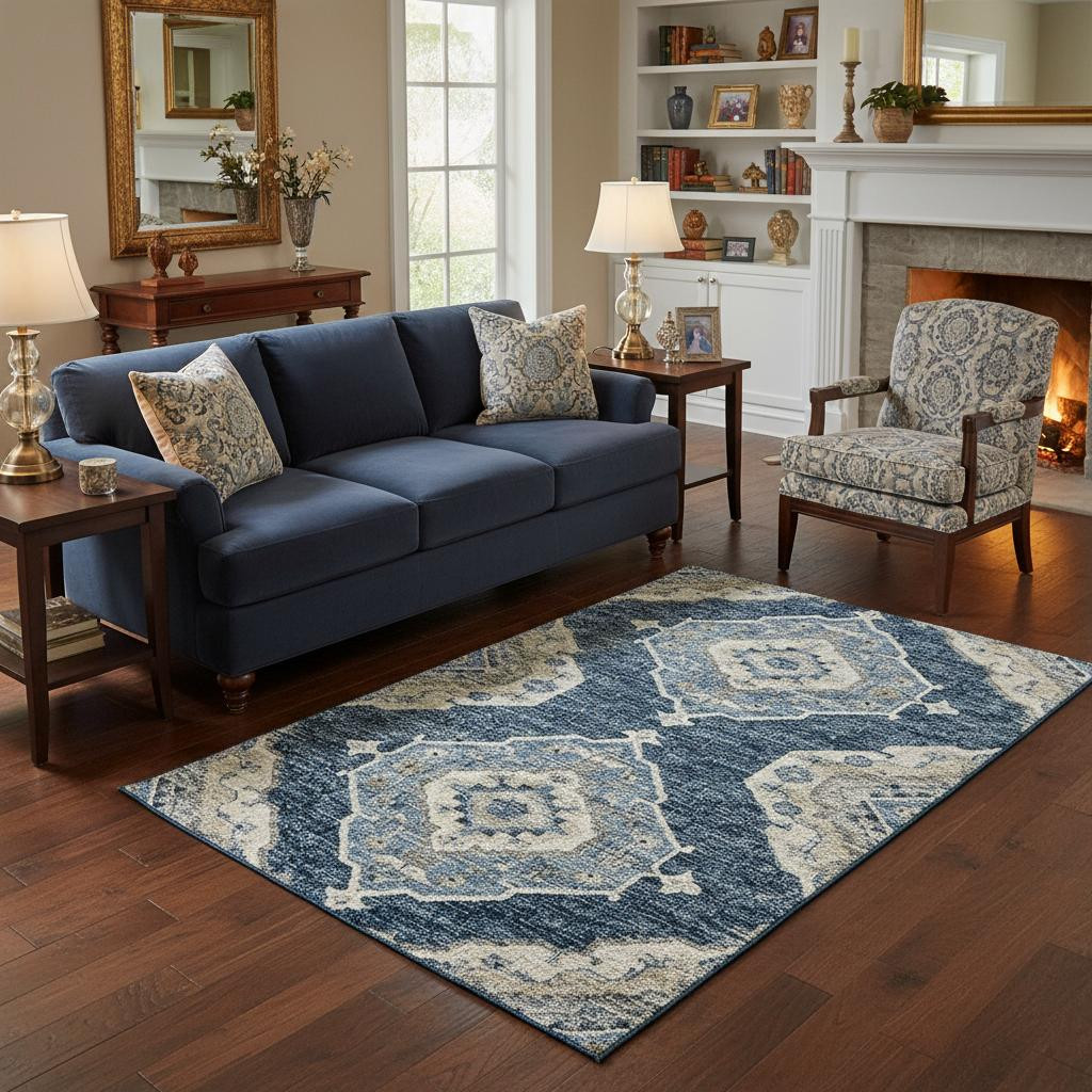 644194 5 x 8 ft. Blue & Ivory Tribal Traditional Washable Machine Made Rectangle Area Rug with UV Protection