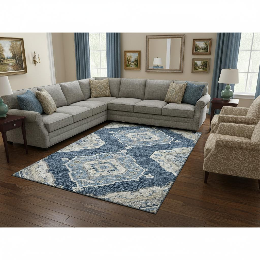 644197 9 x 12 ft. Blue & Ivory Tribal Traditional Washable Machine Made Rectangle Area Rug with UV Protection