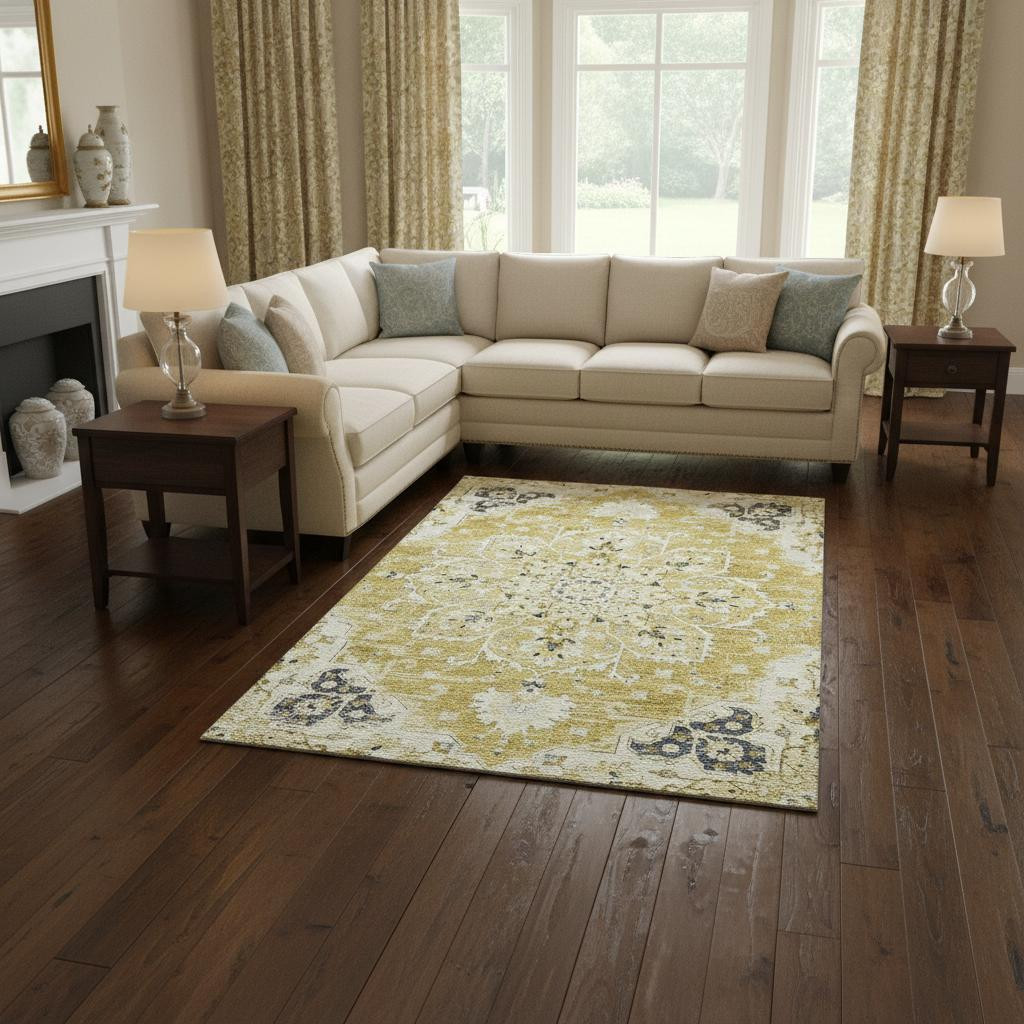 644536 8 x 10 ft. Gold Ivory & Blue Floral Medallion Washable Machine Made Rectangle Area Rug with UV Protection