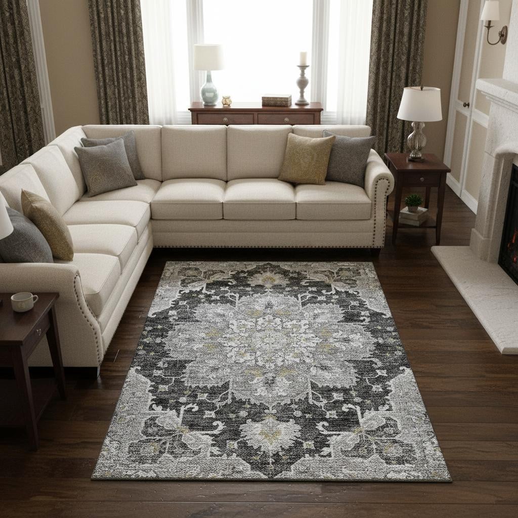 644550 10 x 14 ft. Graphite Gold & Charcoal Floral Medallion Washable Machine Made Rectangle Area Rug with UV Protection