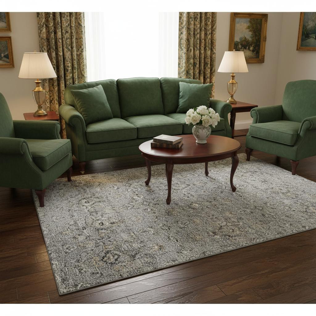 644552 5 x 8 ft. Ash Gray Brown & Ivory Floral Medallion Washable Machine Made Rectangle Area Rug with UV Protection