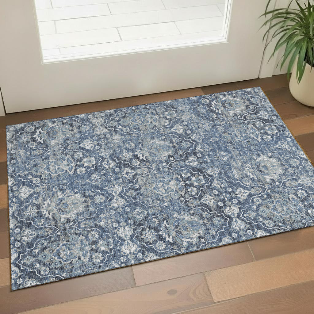 644563 3 x 5 ft. Blue & Ivory Floral Medallion Washable Machine Made Rectangle Area Rug with UV Protection