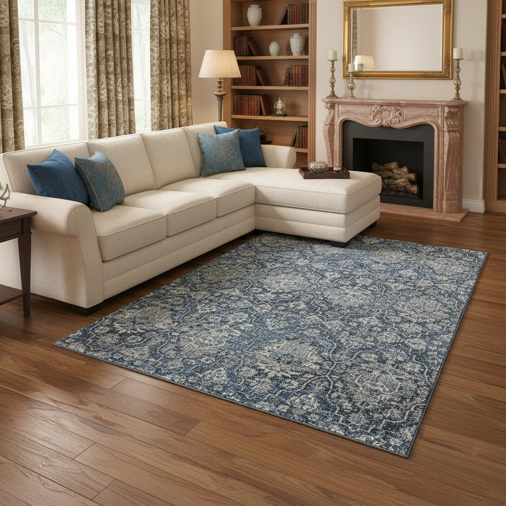644568 10 x 14 ft. Blue & Ivory Floral Medallion Washable Machine Made Rectangle Area Rug with UV Protection