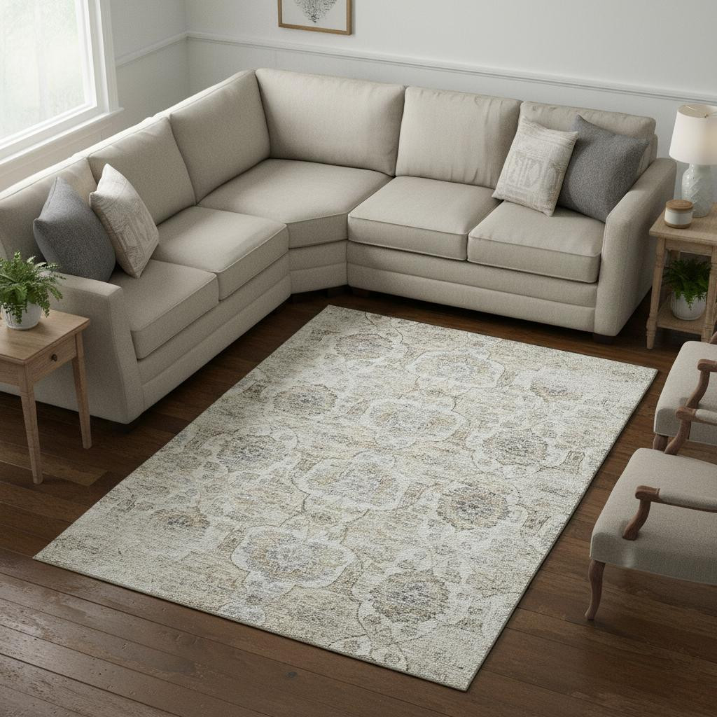 644578 8 x 10 ft. Linen & Ivory Floral Medallion Washable Machine Made Rectangle Area Rug with UV Protection