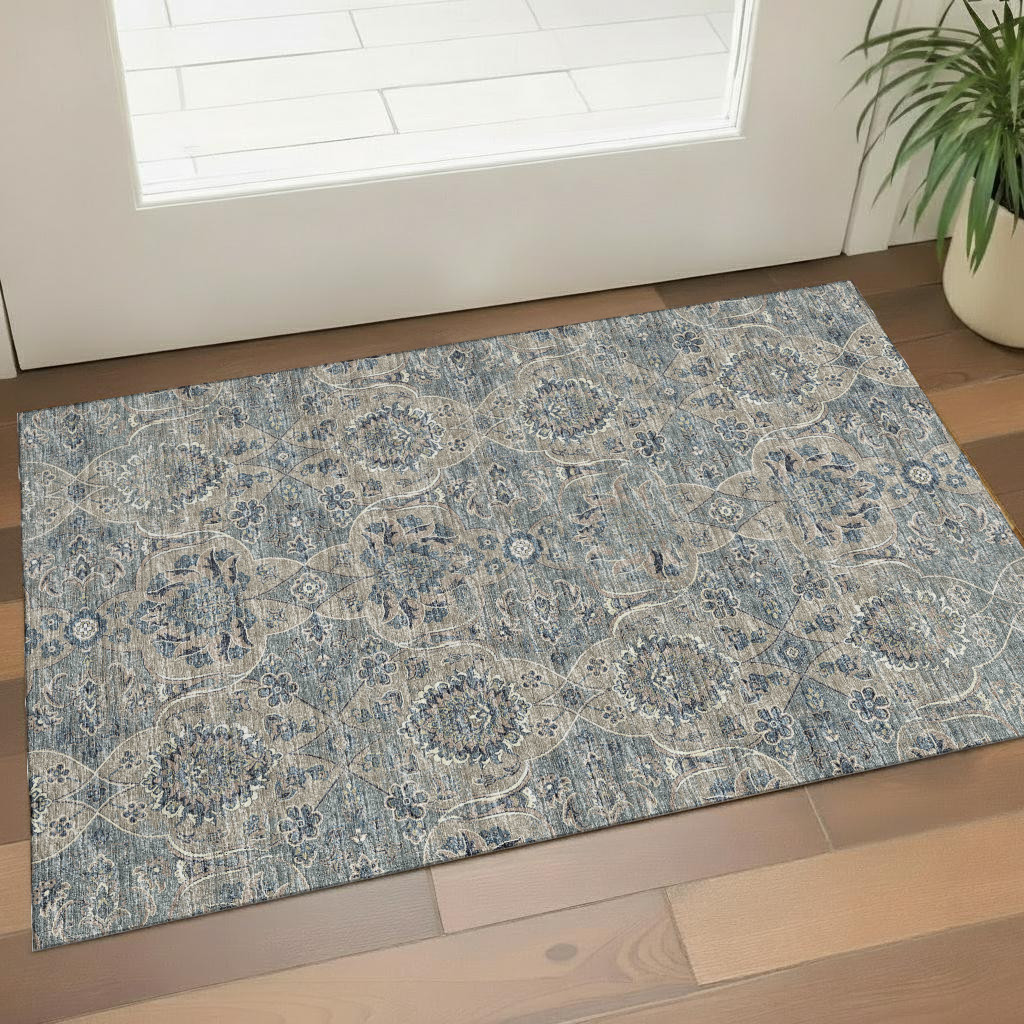 644593 3 x 5 ft. Denim Blue & Gray Floral Medallion Washable Machine Made Rectangle Area Rug with UV Protection