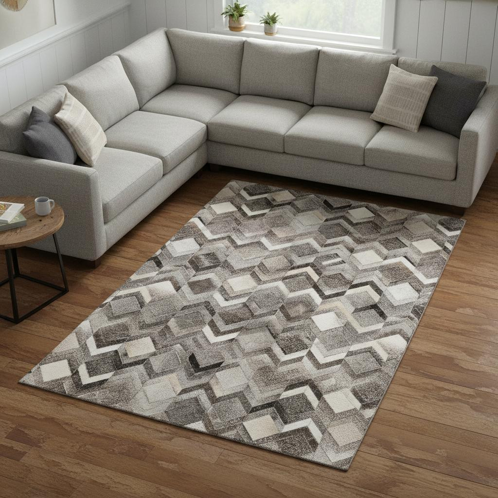 644686 8 x 10 ft. Gray, Ivory & Black Geometric Washable Machine Made Rectangle Area Rug with UV Protection
