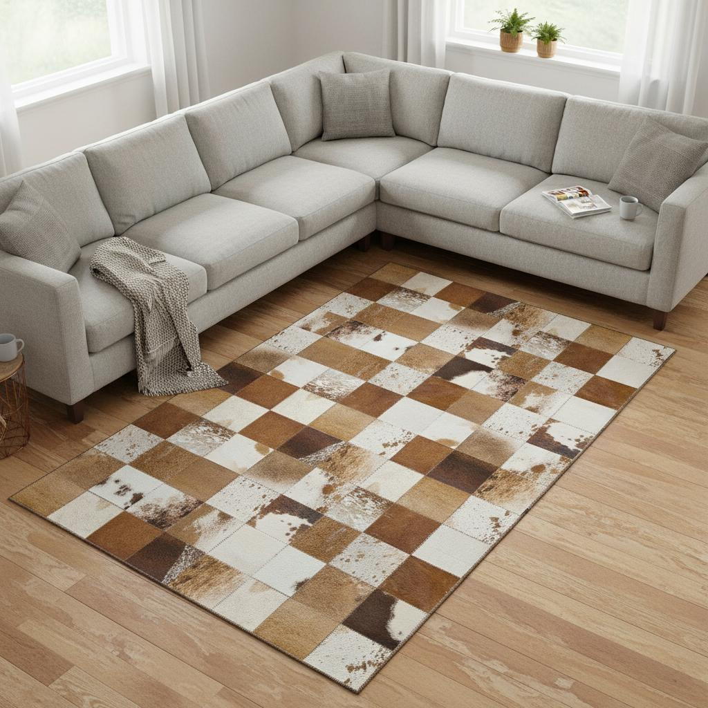 644729 9 x 12 ft. Brown & Ivory Patchwork Lodge Washable Machine Made Rectangle Area Rug with UV Protection