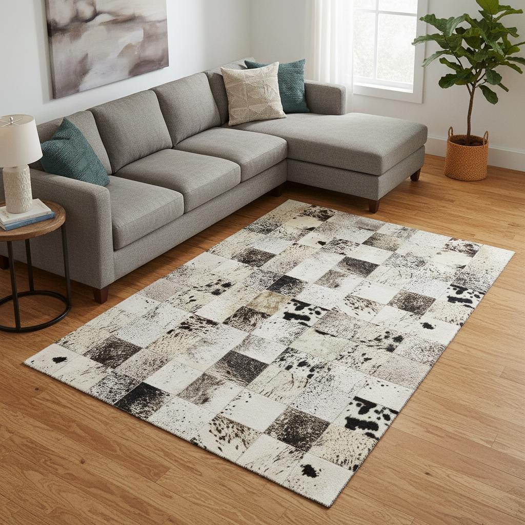 644734 8 x 10 ft. Granite Gray, Ivory & Black Patchwork Washable Machine Made Rectangle Area Rug with UV Protection