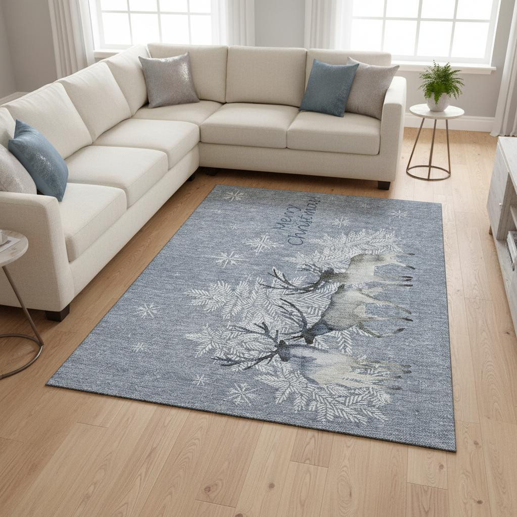 646413 8 x 10 ft. Ash Gray, Ivory & Blue Geometric Washable Machine Made Rectangle Area Rug with UV Protection
