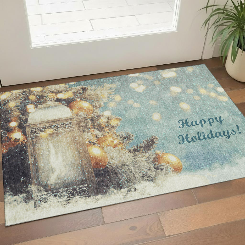 646416 3 x 5 ft. Blue Gold & Ivory Geometric Washable Machine Made Rectangle Area Rug with UV Protection