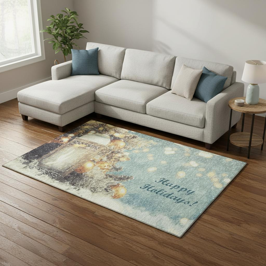646419 8 x 10 ft. Blue Gold & Ivory Geometric Washable Machine Made Rectangle Area Rug with UV Protection