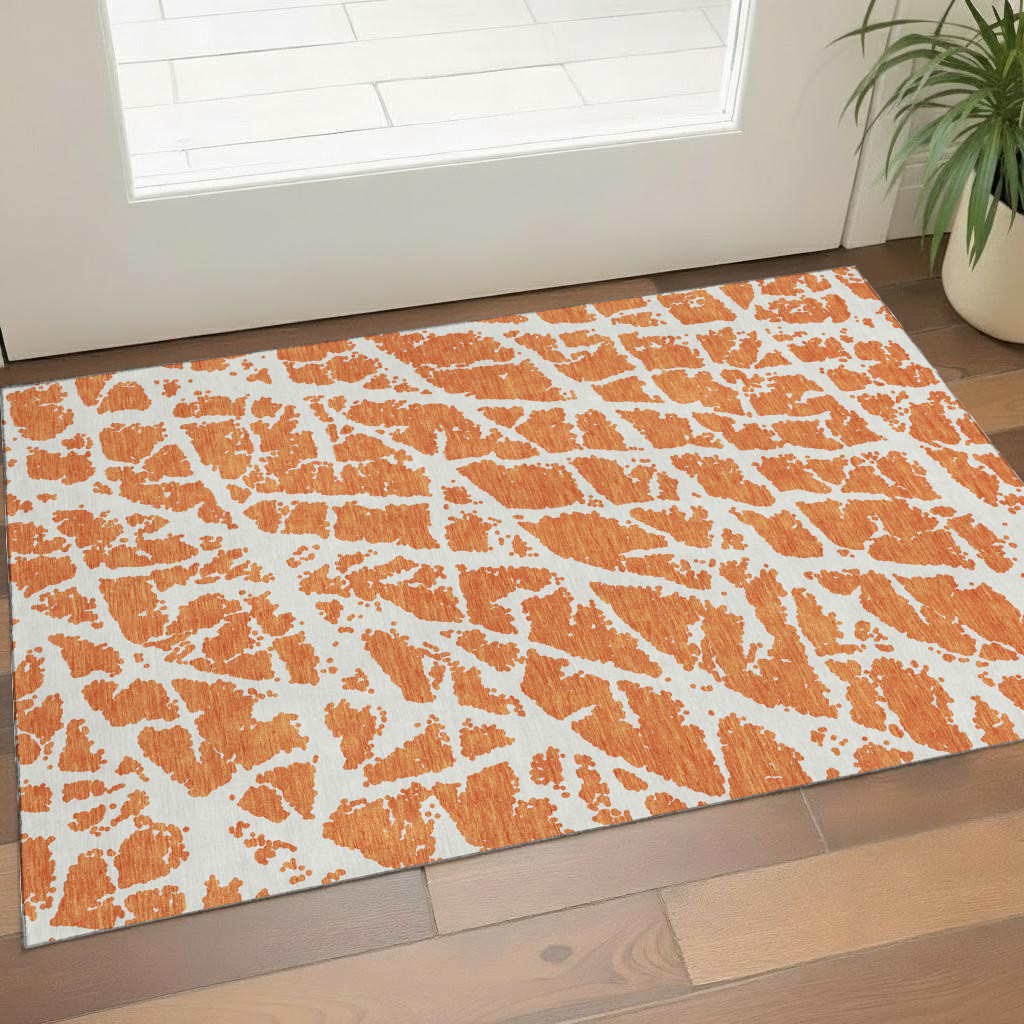 646561 3 x 5 ft. Orange & Ivory Abstract Transitional Washable Machine Made Rectangle Area Rug with UV Protection