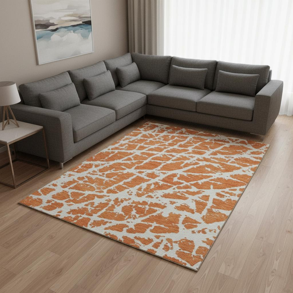646566 10 x 14 ft. Orange & Ivory Abstract Transitional Washable Machine Made Rectangle Area Rug with UV Protection