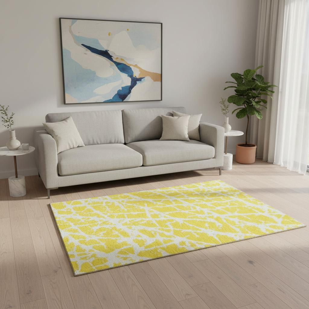 646598 5 x 8 ft. Yellow & Ivory Abstract Transitional Washable Machine Made Rectangle Area Rug with UV Protection