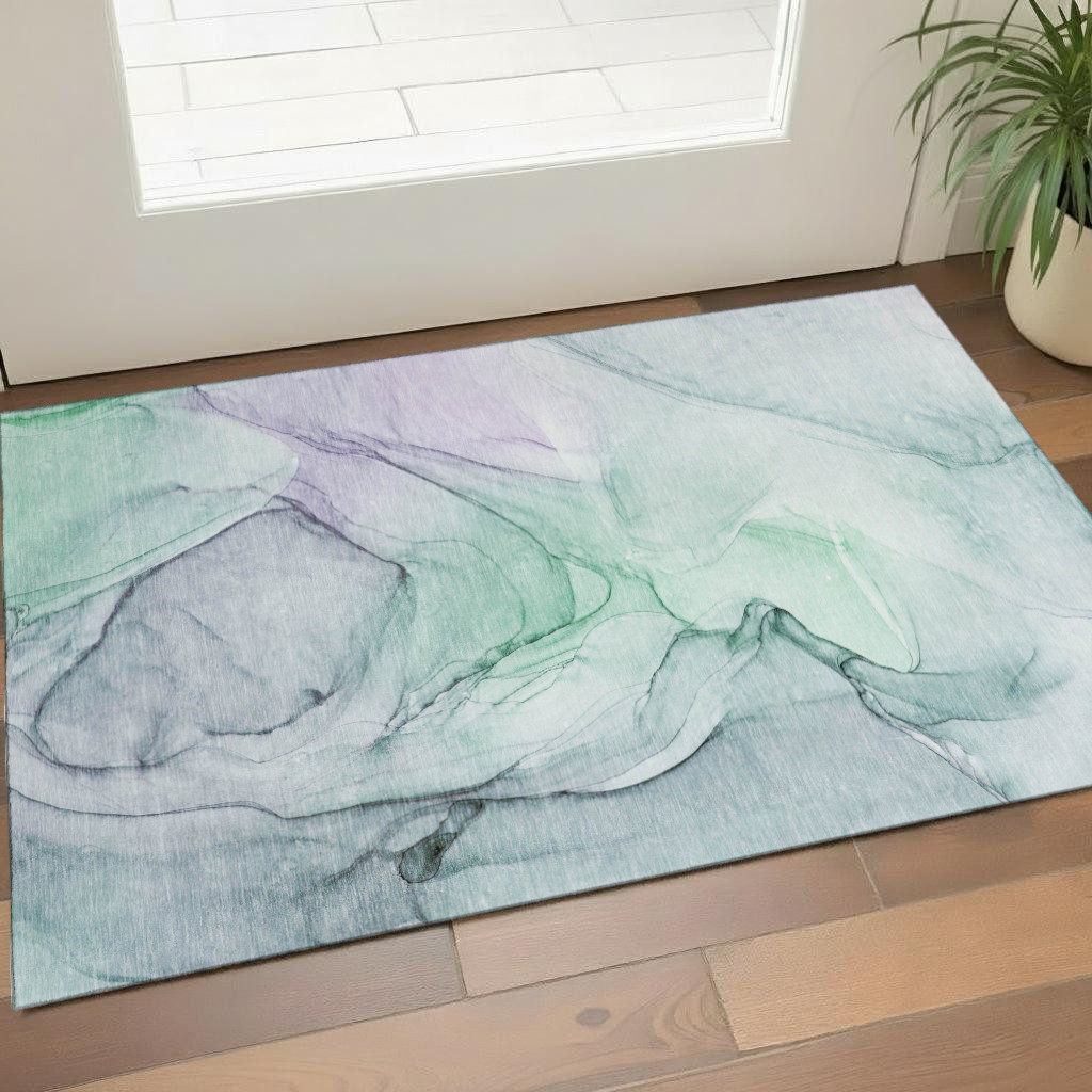 646609 3 x 5 ft. Blue & Green Abstract Washable Machine Made Rectangle Area Rug with UV Protection