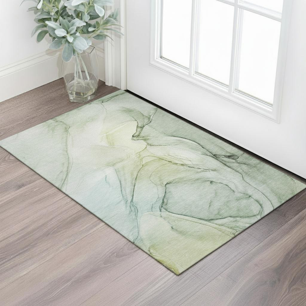646627 3 x 5 ft. Green & Ivory Abstract Transitional Washable Machine Made Rectangle Area Rug with UV Protection