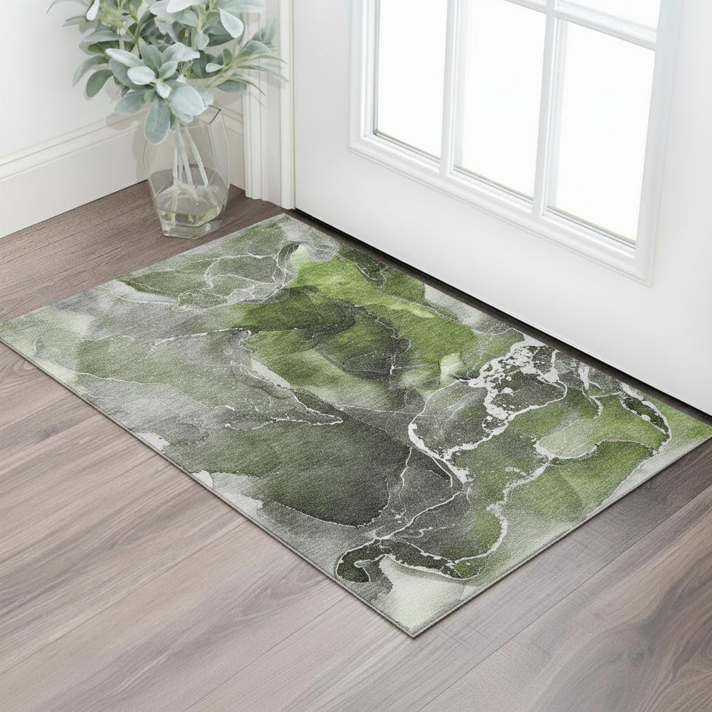 646675 3 x 5 ft. Green & Charcoal Abstract Contemporary Washable Machine Made Rectangle Area Rug with UV Protection